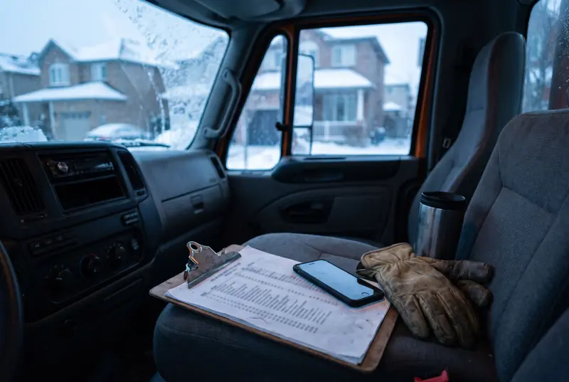 A clipboard with a route sheet, a phone, work gloves and a coffee on the seat of a plow truck at dawn