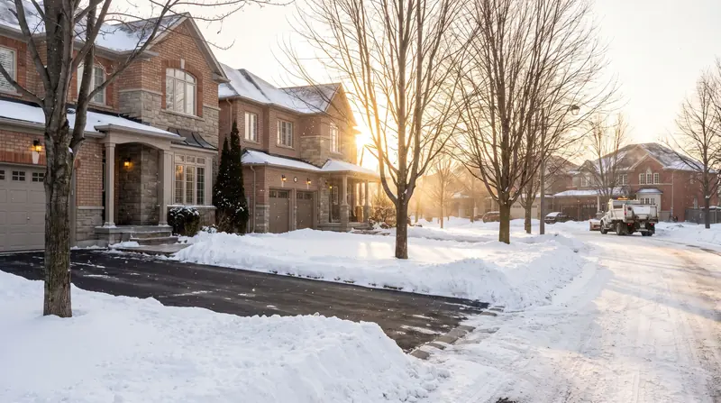 A freshly plowed suburban crescent at sunrise with a plow truck in the distance